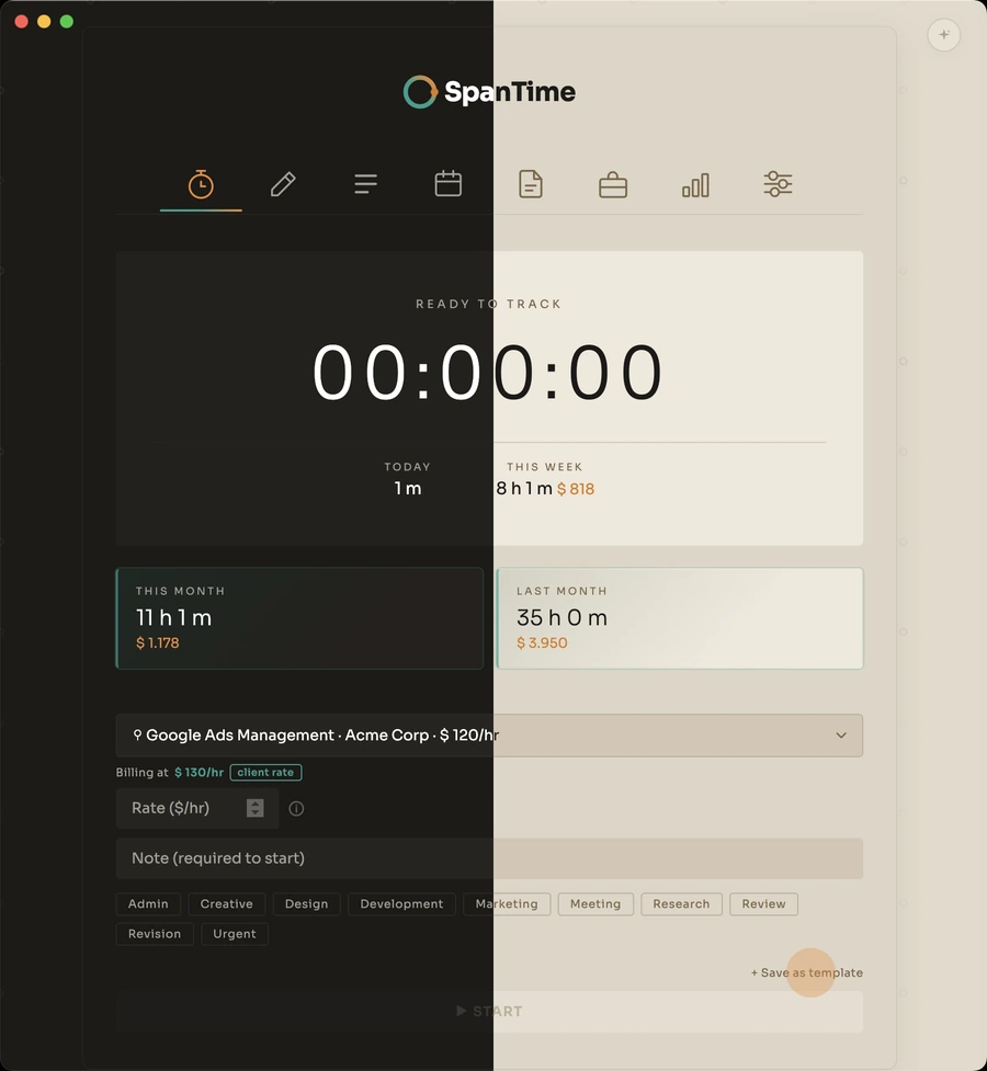 One SpanTime window split down the middle, dark theme on the left and light theme on the right.