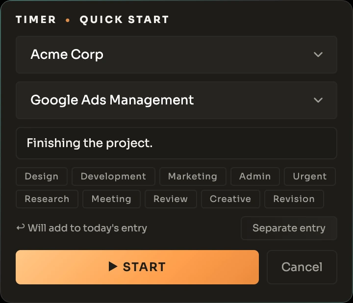 The Quick Timer popup with client, project, note and tags, ready to start.