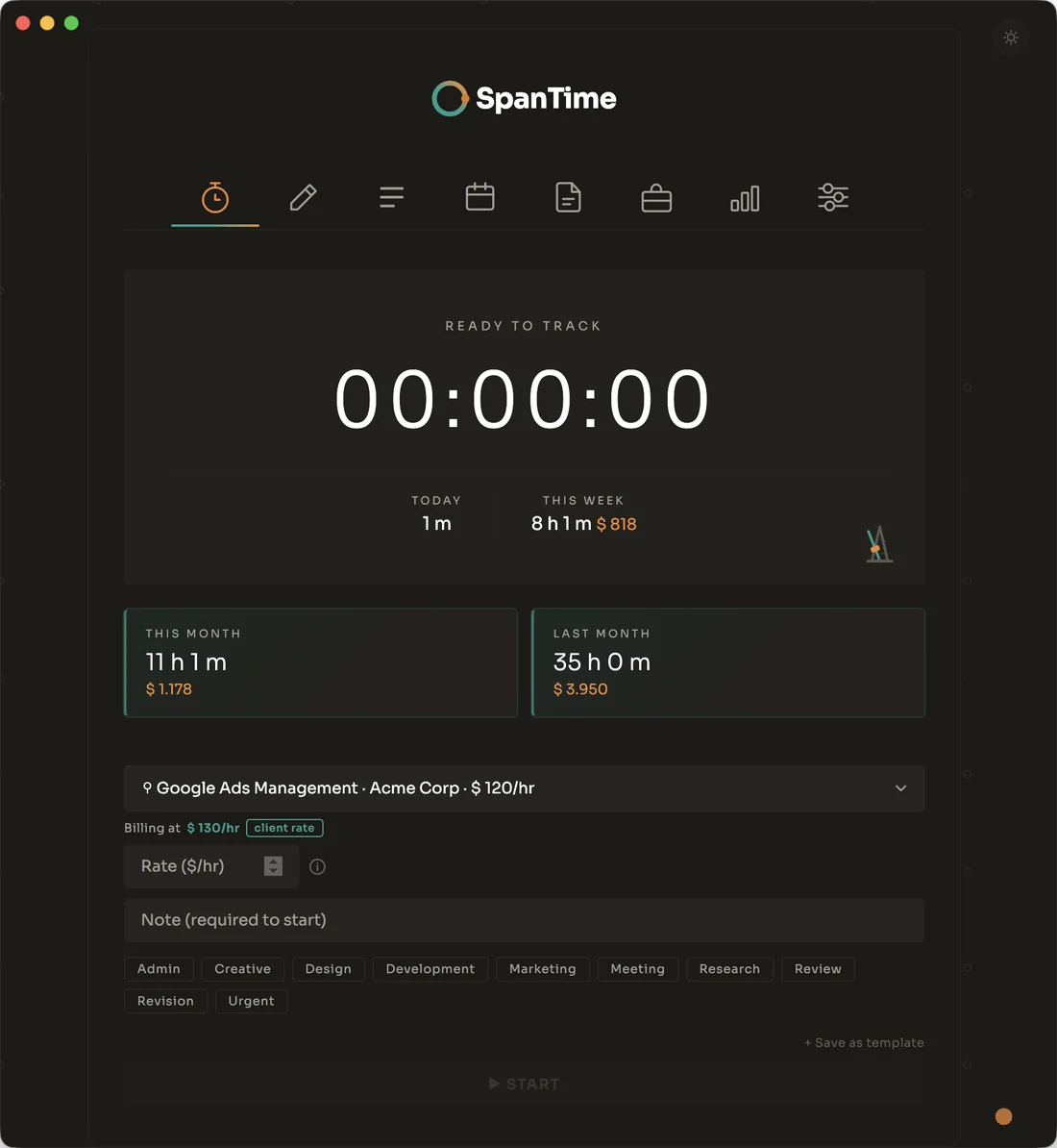 The SpanTime timer window, ready to track.